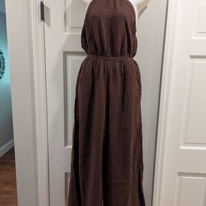 Aerie L Brown Halter Jumpsuit 100% Cotton Gauze Long Sleeveless